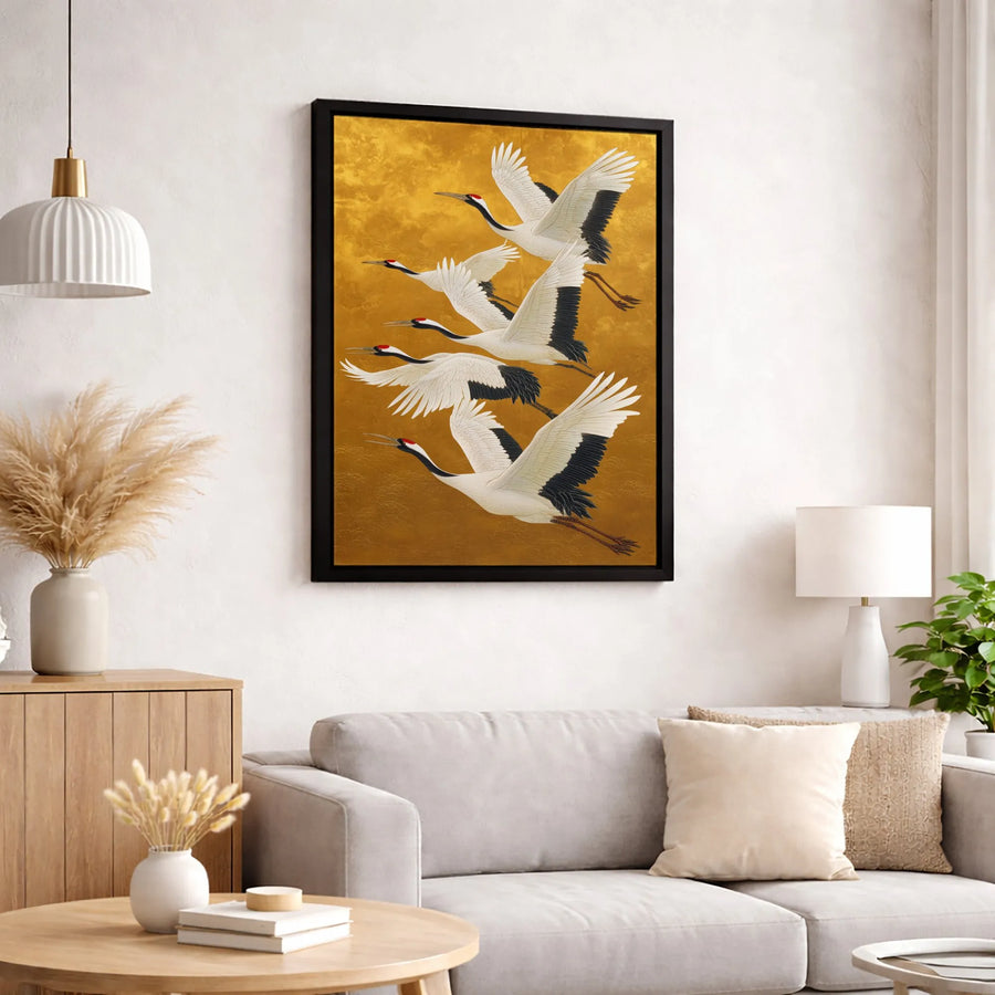 Japanese Red-Crowned Crane Canvas Wall Art | Gold Background Oriental Print | Premium Gallery Wrapped Decor | Traditional Asian Home Living Room Gift