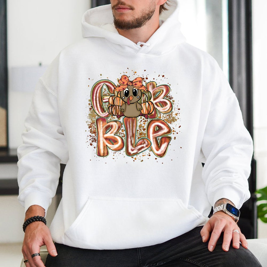 Gobble Turkey Hoodie | Cute Coquette Bow Fall Graphic | Soft Cotton-Blend Premium Pullover | Thanksgiving Outfit Gift for Women