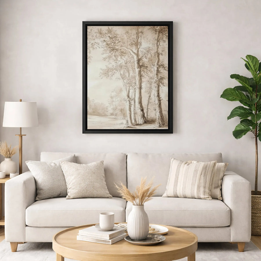 Vintage Tree Landscape Sketch Canvas | Neutral Forest Art Print | Premium 1.25" Thick Gallery Wrap | Sophisticated Home Decor Gift