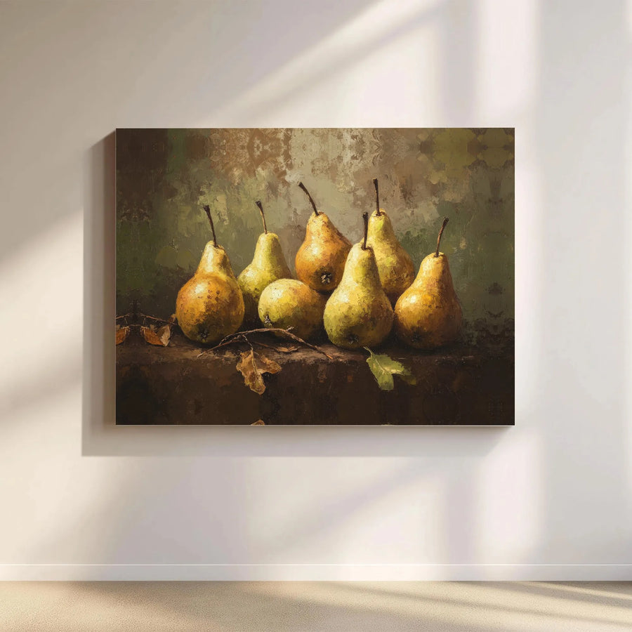 Still Life Pear Painting | Rustic Farmhouse Kitchen Wall Art | Gallery Wrapped Canvas | Premium Harvest Home Decor Gift