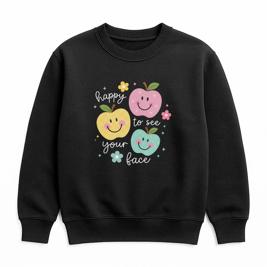 Teacher Sweatshirt | Happy To See Your Face Cute Apples Graphic | Premium Cotton Blend | Gift for Elementary Teacher Back to School