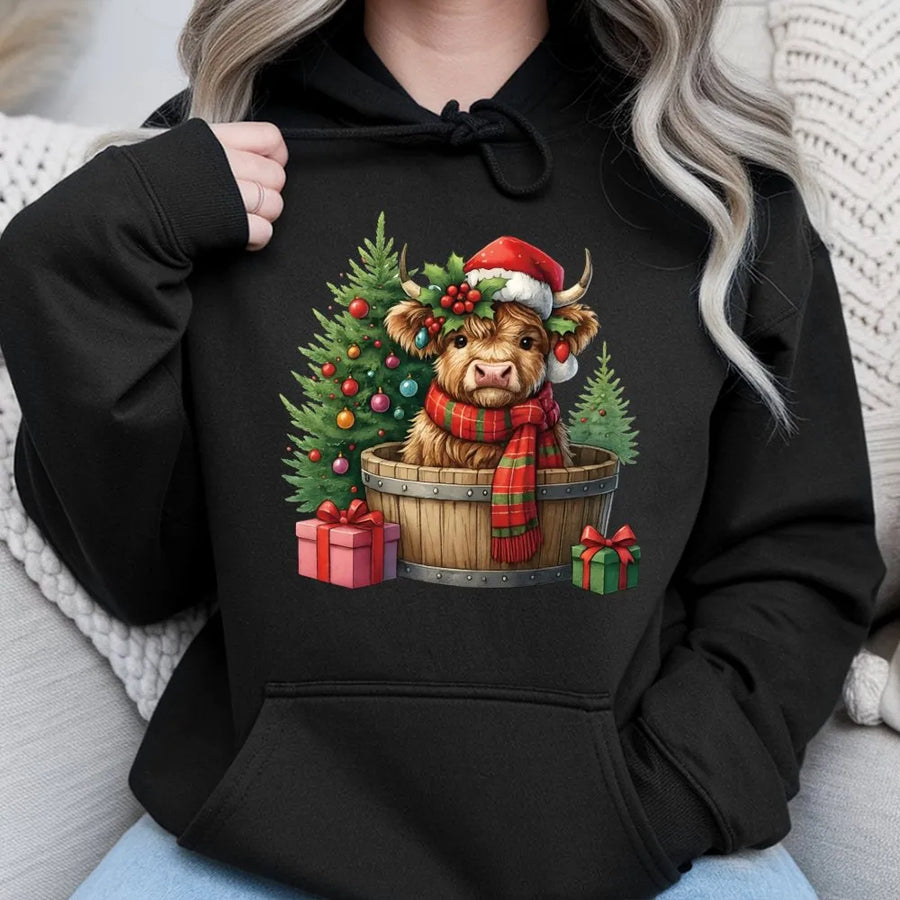 Christmas Highland Cow Hoodie | Festive Baby Cow in Barrel Design | Premium Cotton-Blend Pullover | Cute Holiday Gift for Farm Animal Lovers