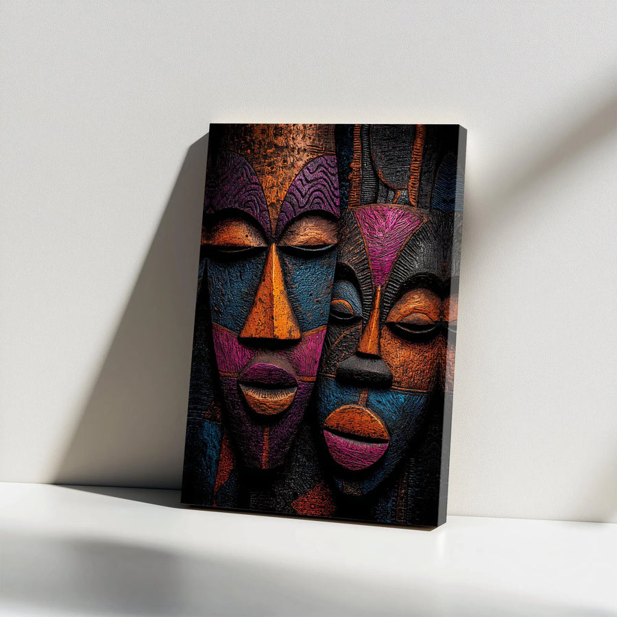 African Mask Canvas Art | Colorful Wood-Carved Effect Print | Premium Gallery Wrapped Canvas | Modern Ethnic Home Decor Gift
