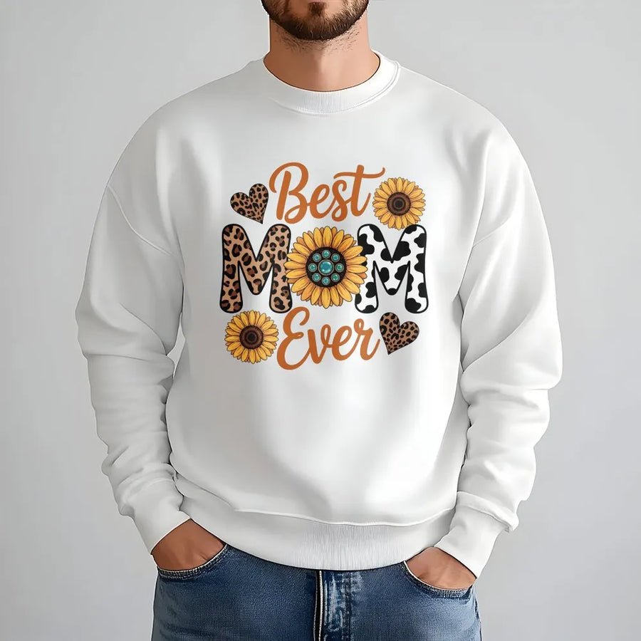 Best Mom Ever Sweatshirt | Western Sunflower & Leopard Print Mama Crewneck | Soft Cotton Blend Pullover | Cute Mother's Day Gift for Her
