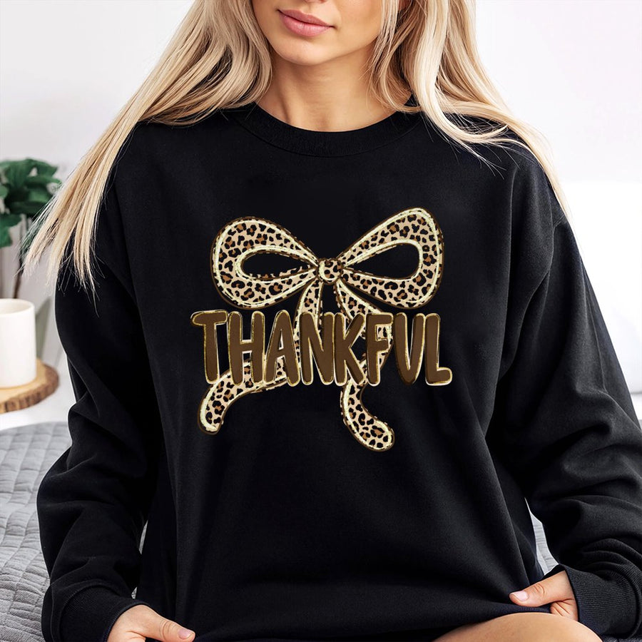 Thankful Leopard Bow Sweatshirt | Preppy Coquette Thanksgiving Fall Aesthetic | Soft Cotton Blend Crewneck | Trendy Holiday Gift For Her