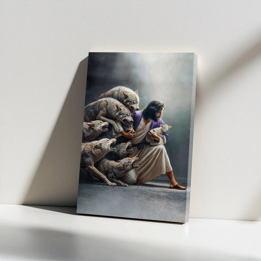 Jesus Protecting Lamb Canvas | Religious Wolf Wall Art | Premium Gallery Wrapped Decor | Christian Faith Gift for Home Office Wall