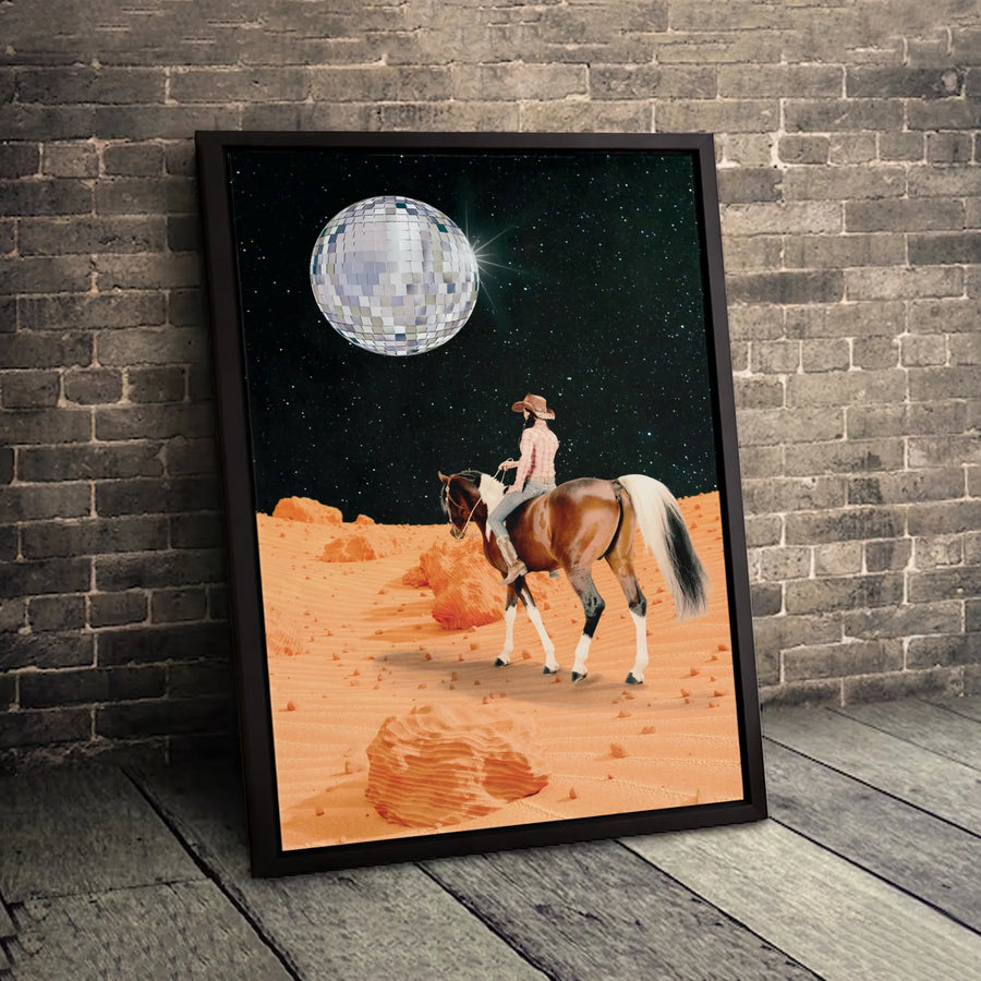 Cosmic Cowgirl Canvas Art | Western Disco Ball Space Surrealism | Premium Gallery Wrap Print | Unique Boho Wall Decor Gift