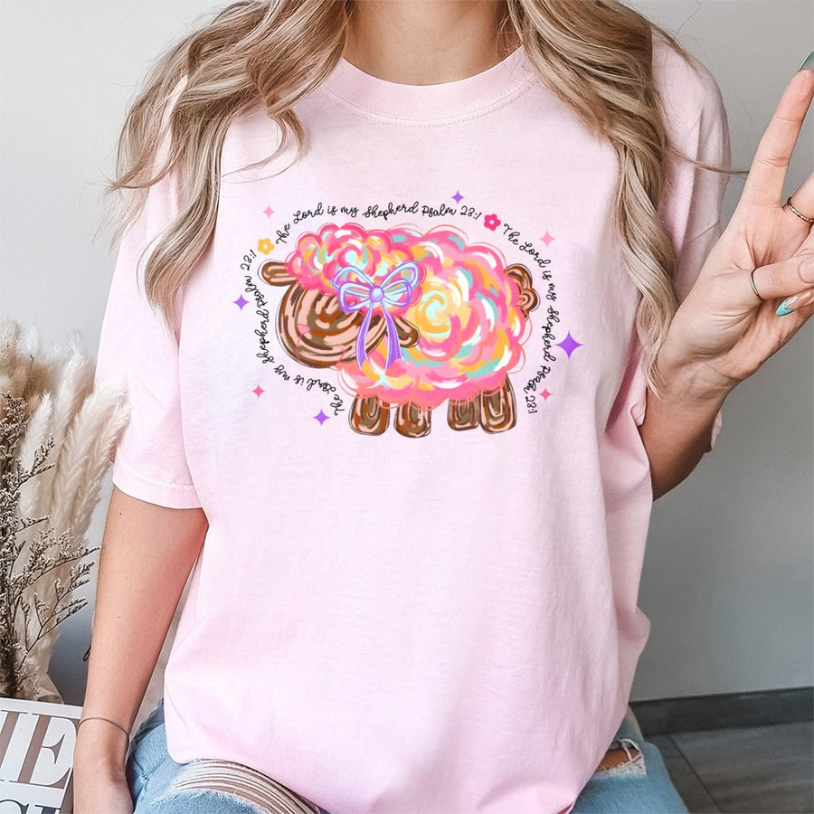 The Lord Is My Shepherd T-Shirt | Pastel Lamb Coquette Bow Graphic | Premium 100% Cotton Tee | Religious Christian Easter Gift for Women