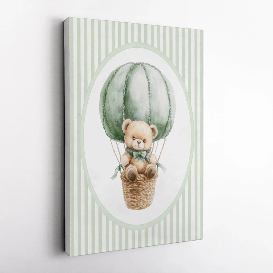 Watercolor Teddy Bear Wall Art | Sage Green Hot Air Balloon Print | Gallery Quality 1.25" Thick Canvas | Nursery Decor Gift for Kids