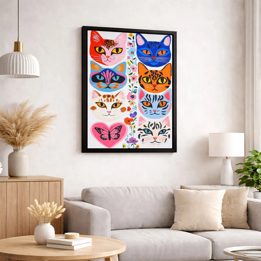 Colorful Cat Faces Canvas Wall Art | Pop Art Butterfly Floral Print | Premium Fade-Resistant Gallery Wrap | Whimsical Home Decor Gift
