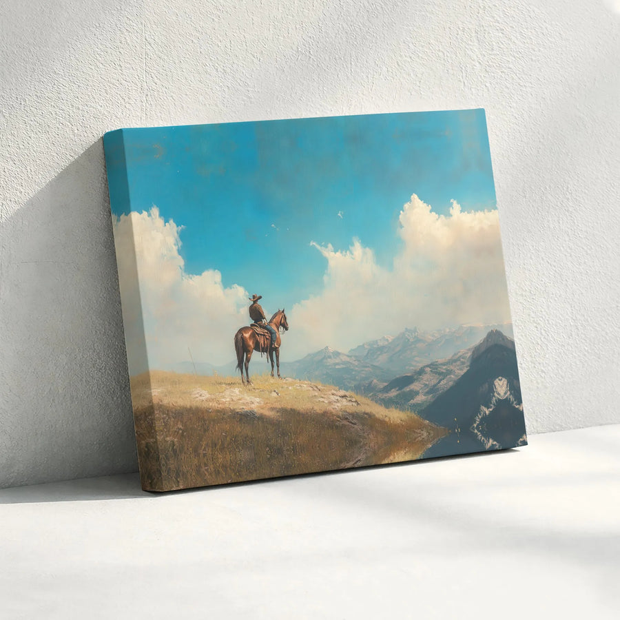 Western Cowboy Horse Canvas Wall Art | Mountain Valley Landscape Print | Gallery Quality 1.25-inch Profile | Rustic Home Office Decor Gift