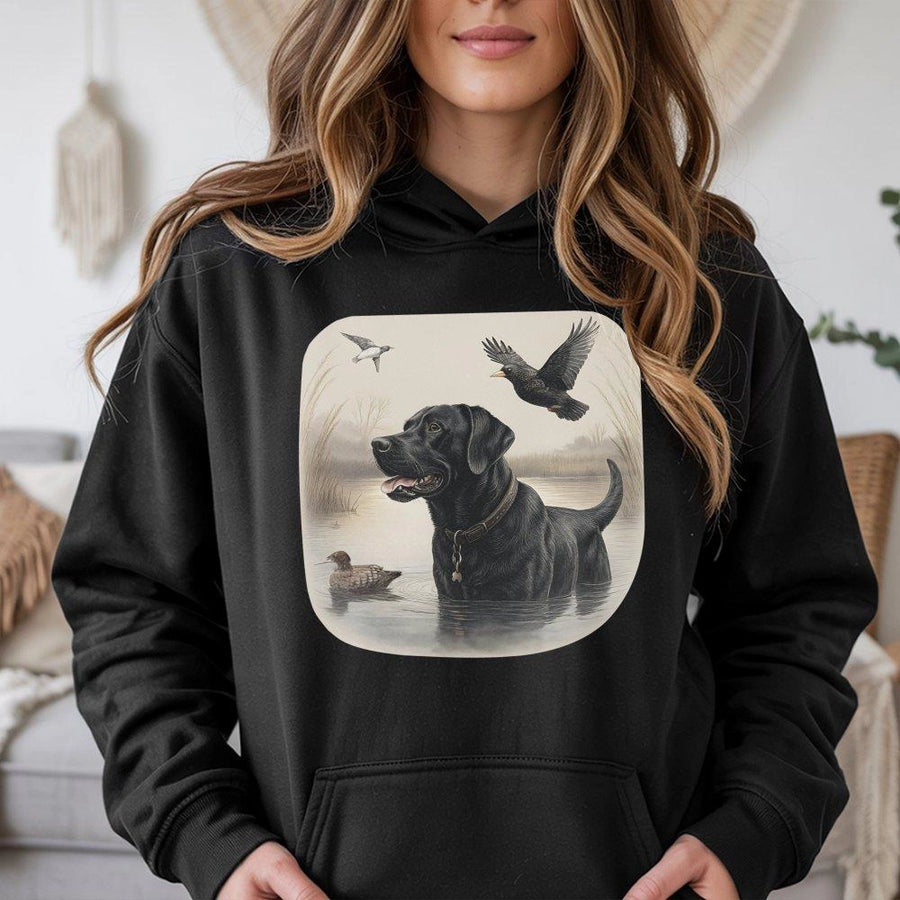 Black Lab Duck Hunting Hoodie | Vintage Waterfowl Retriever Graphic | Premium Cotton Blend | Gift For Outdoorsman And Hunter