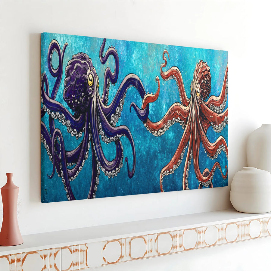 Octopus Canvas Wall Art | Vibrant Two Octopus Graphic Illustration | Premium Thick Gallery Wrap | Modern Coastal Home Decor Gift