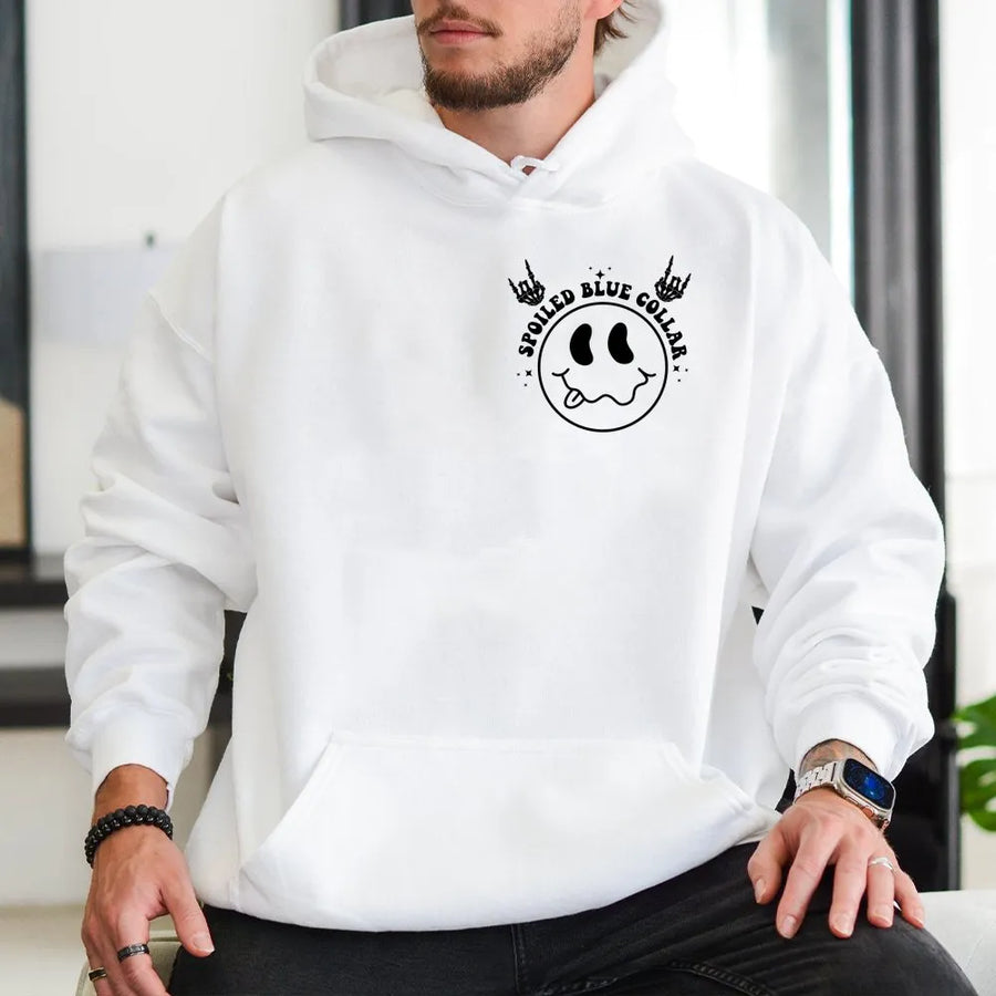 Spoiled Blue Collar Hoodie | Smiley Face Skeleton Hand Graphic | Premium Cotton-Poly Blend | Cute Relationship Gift For Girlfriend