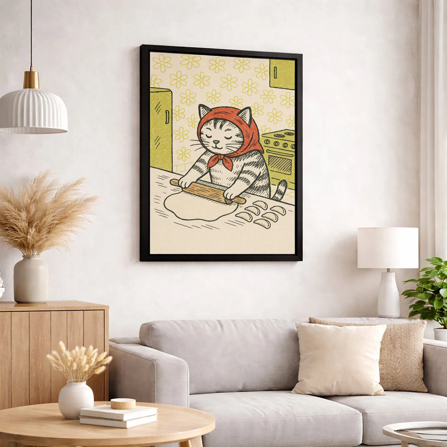 Vintage Cat Kitchen Wall Art | Whimsical Babushka Dumpling Chef | Premium Gallery Wrap Canvas | Unique Gift For Cat Lovers & Home Decor