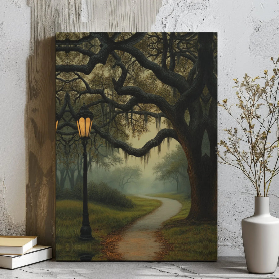 Southern Oak Tree Canvas Art | Winding Path Landscape Wall Decor | Gallery Wrapped Premium Print | Moody Home Office Gift