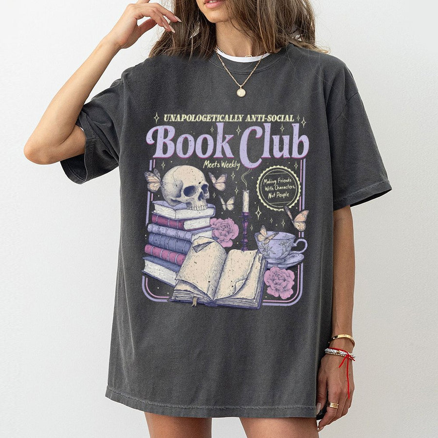 Anti-Social Book Club T-Shirt | Dark Academia Skull and Butterfly Graphic | 100% Cotton Premium Tee | Gift for Introverted Readers and Book Lovers