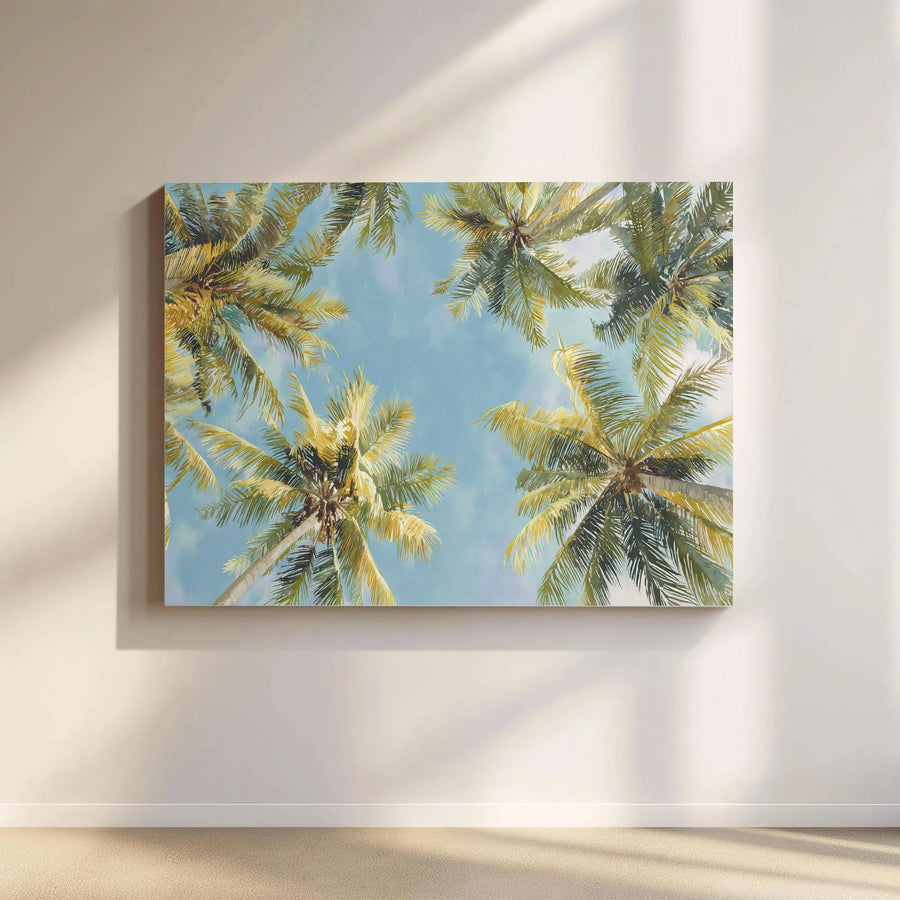 Palm Tree Canvas Wall Art | Vintage Tropical Print Looking Up at Palms | Premium Gallery Wrap Canvas | Coastal Home Decor Gift for Beach House