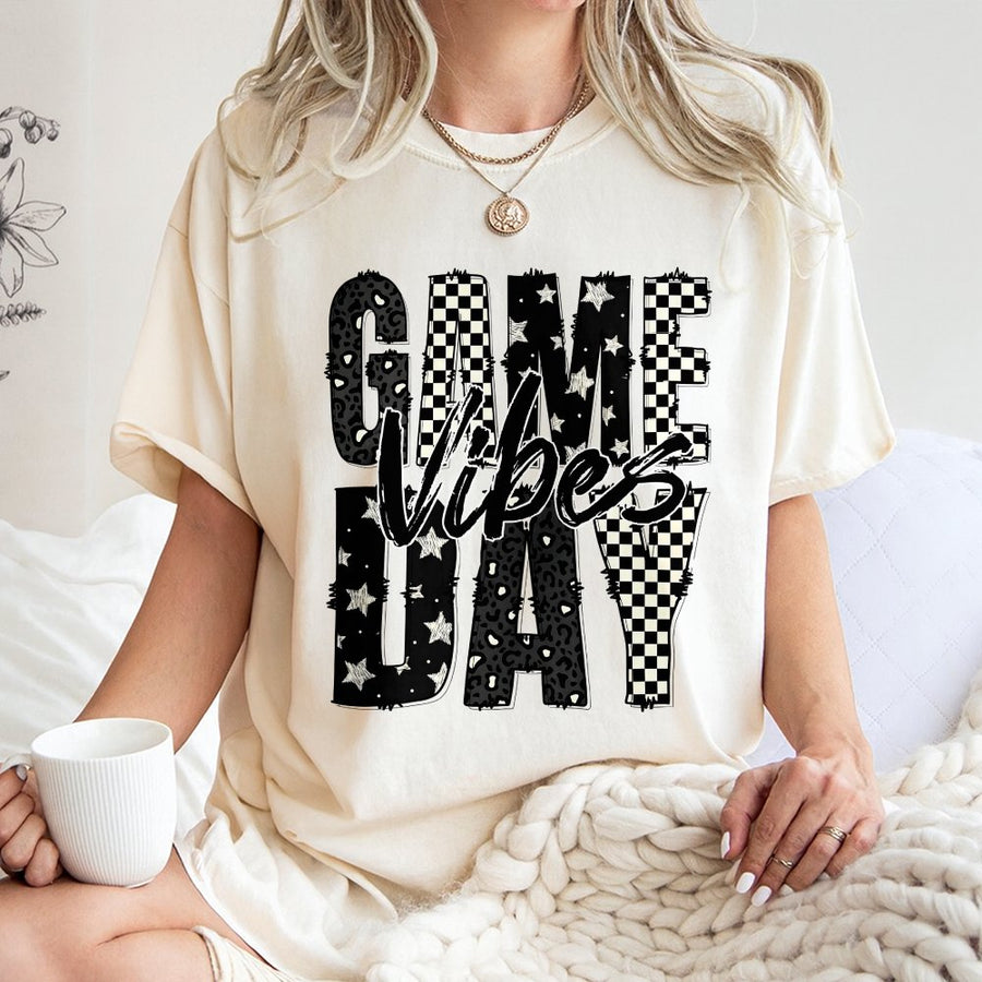 Game Day Vibes T-Shirt | Checkered And Leopard Print Graphic | 100% Cotton Premium Tee | Football Mom Sport Gift For Her