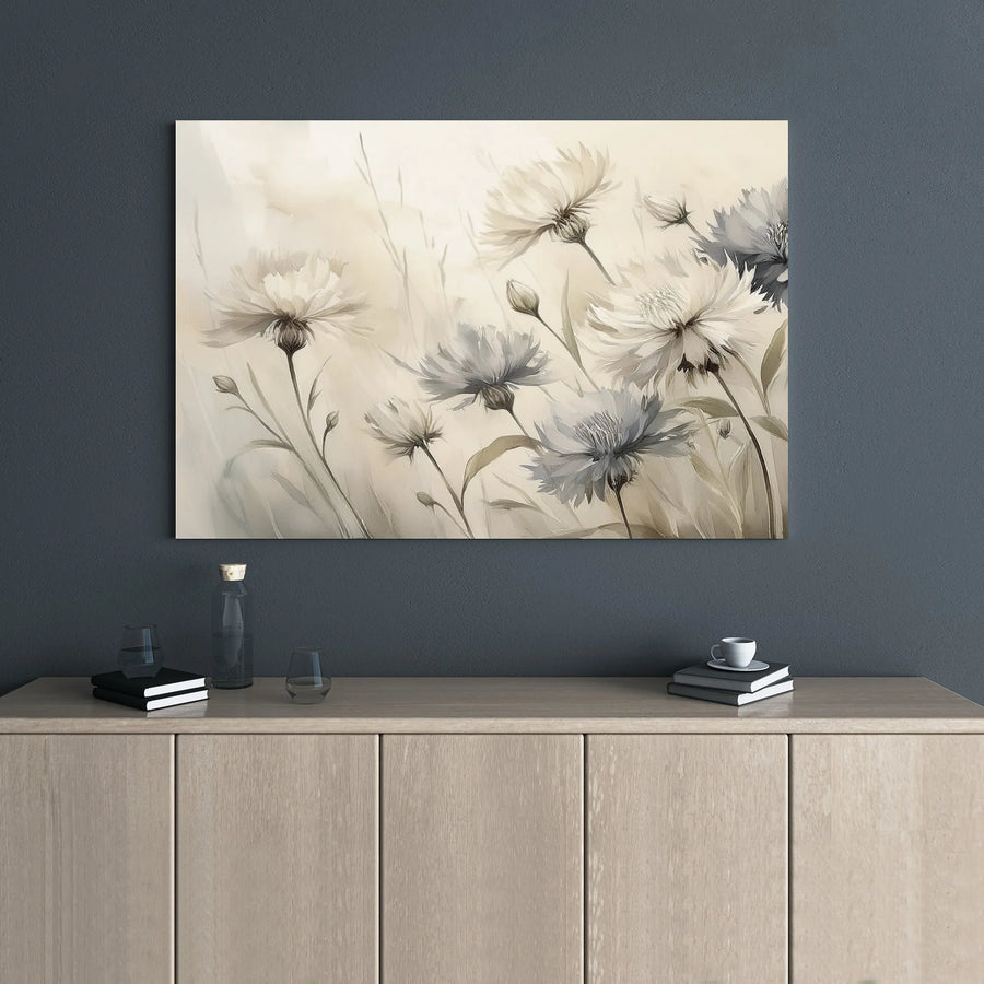 Watercolor Floral Canvas Wall Art | Blue and White Cornflower Botanical Print | 1.25 Inch Gallery Wrap | Neutral Home Decor for Living Room