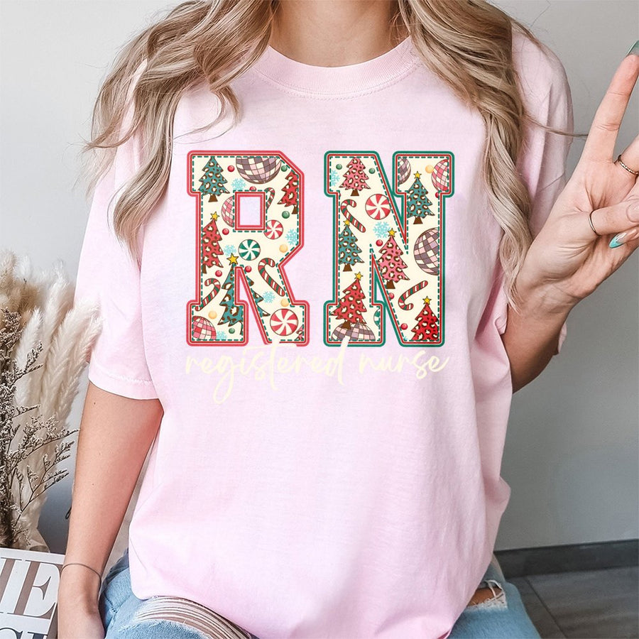 RN Registered Nurse Christmas T-Shirt | Festive Holiday Tree Candy Cane Print | 100% Cotton Premium Tee | Cute Nursing School Student Gift