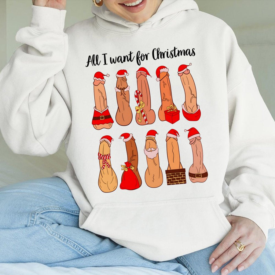 All I Want For Christmas Naughty Hoodie | Funny Adult Humor Graphic Sweatshirt | Premium Cotton-Blend Pullover | Hilarious Secret Santa Gift Idea