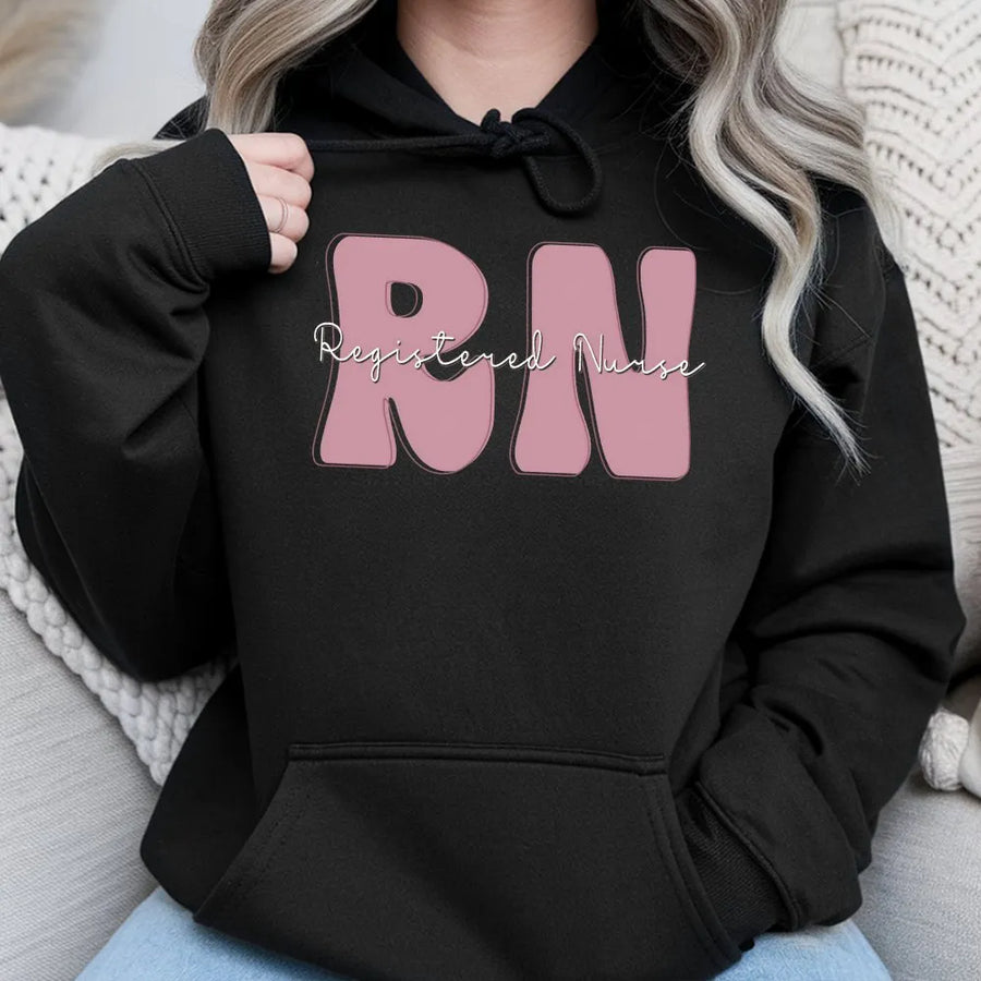 Registered Nurse Hoodie | Retro RN Pink Graphic Lettering | Premium Cotton-Blend Comfort | Nursing Student & Healthcare Worker Gift