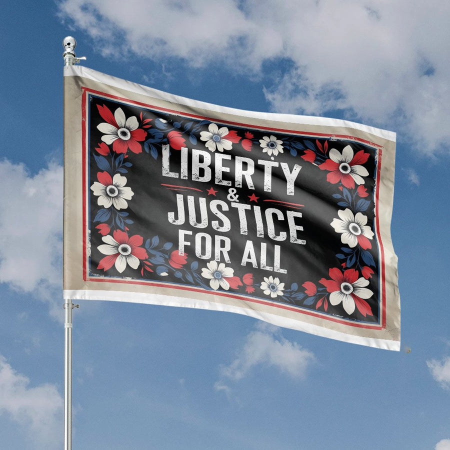 Liberty & Justice For All House Flag | Patriotic Floral Garden Decor | Weather-Resistant Polyester | Durable Outdoor Yard Banner Gift