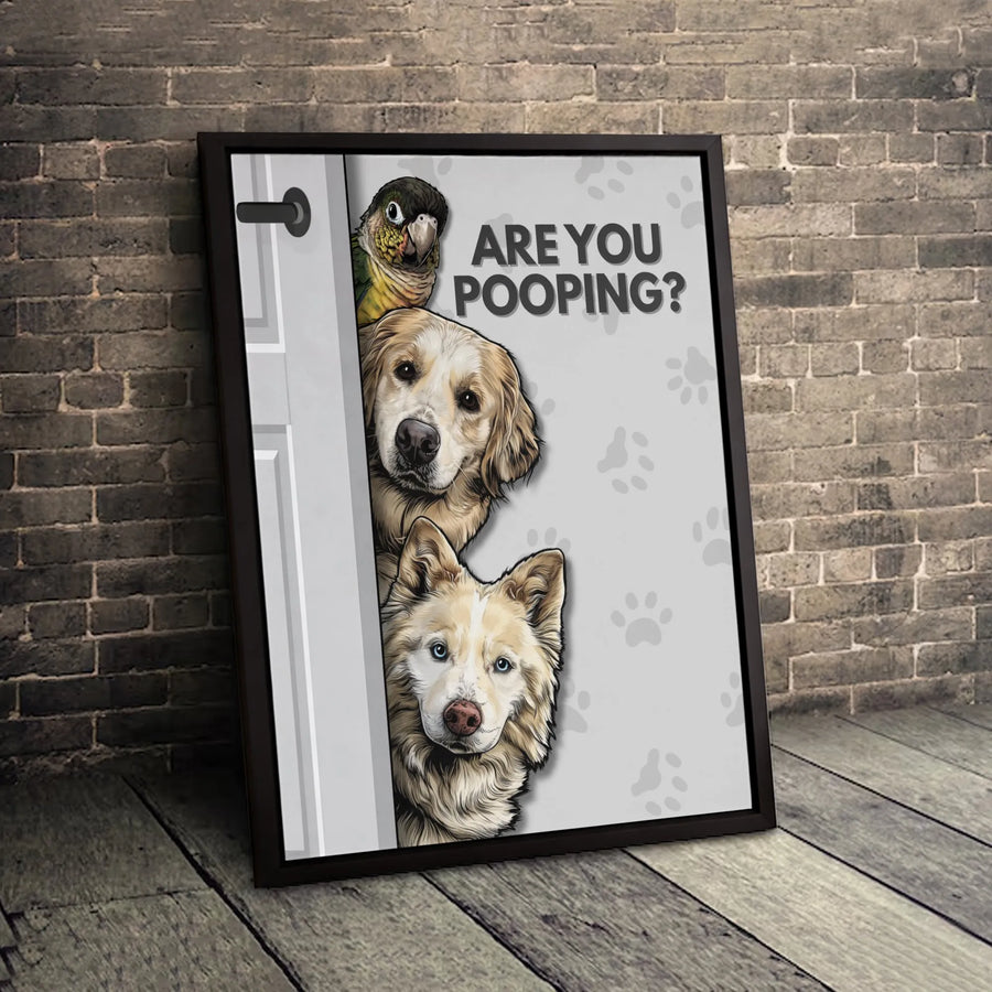 Are You Pooping Dog Wall Art | Funny Bathroom Sign with Parrot & Golden Retriever | 1.25-Inch Premium Gallery Canvas | Humorous Home Decor Gift
