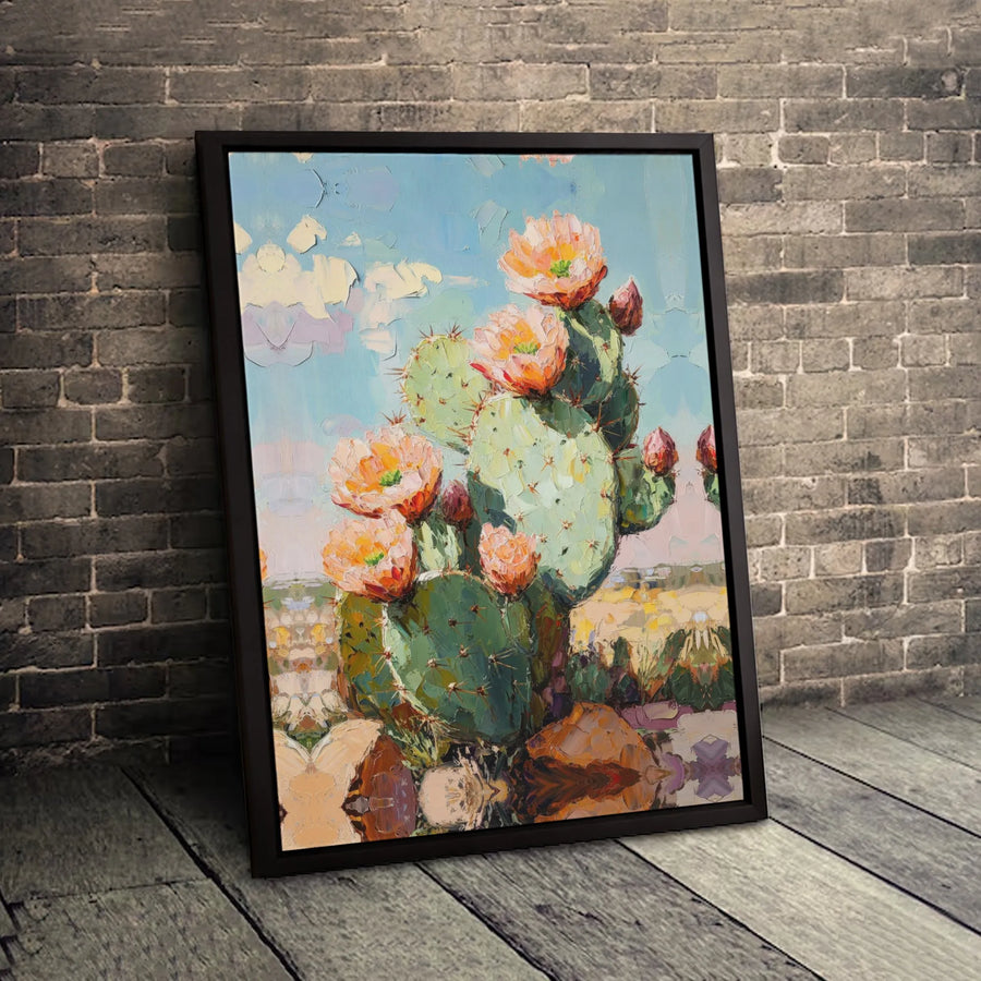 Blooming Prickly Pear Cactus Canvas Print | Impasto Style Desert Wall Art | Premium Fade-Resistant Gallery Wrap | Southwestern Home Decor Gift