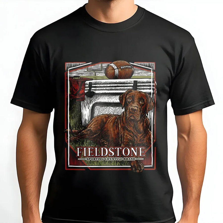 Chocolate Lab T-Shirt | Tailgate Football Dog Graphic Print | Premium 100% Cotton | Outdoor Lifestyle Gift For Dog Lovers And Sports Fans