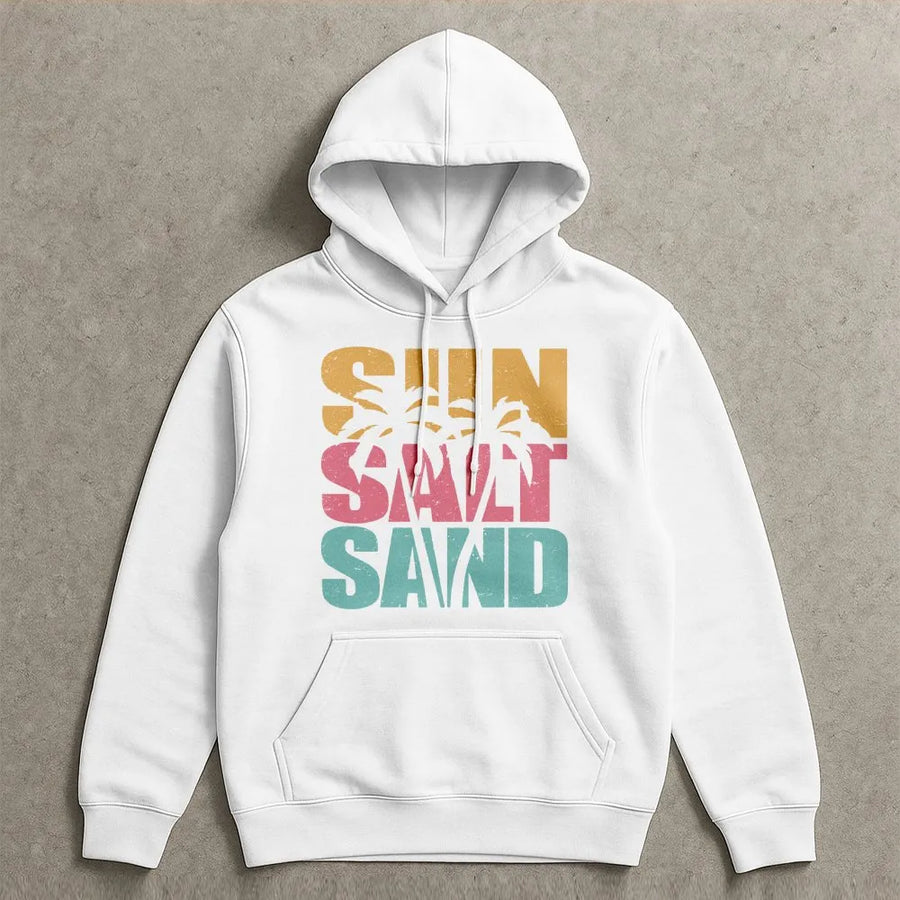 Sun Salt Sand Beach Hoodie | Retro Palm Tree Graphic | Cozy Cotton Blend Pullover | Summer Vacation Gift for Women