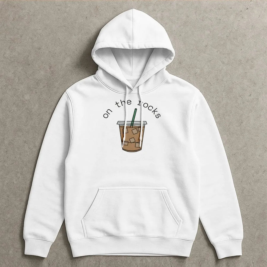 Iced Coffee Hoodie | Funny On The Rocks Graphic Pullover | Soft Cotton Blend | Gift for Coffee Lover Barista
