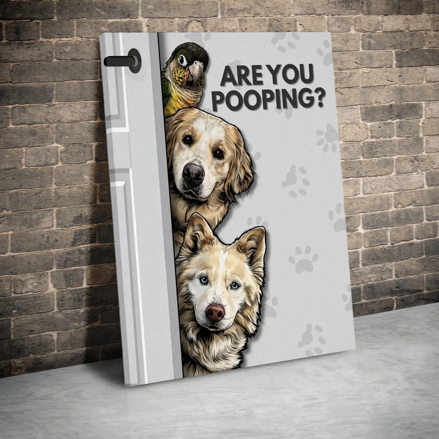 Are You Pooping Dog Wall Art | Funny Bathroom Sign with Parrot & Golden Retriever | 1.25-Inch Premium Gallery Canvas | Humorous Home Decor Gift
