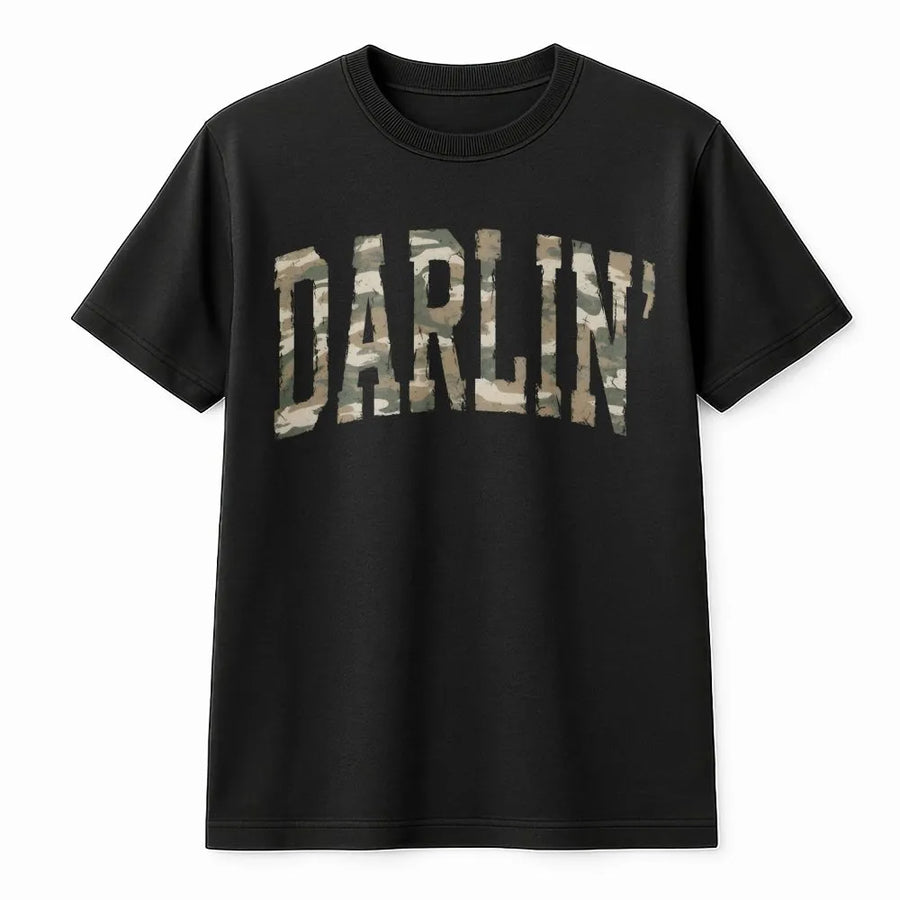 Darlin' Camo T-Shirt | Distressed Varsity Western Country Quote | Premium Cotton Comfort Tee | Trendy Southern Style Gift for Women