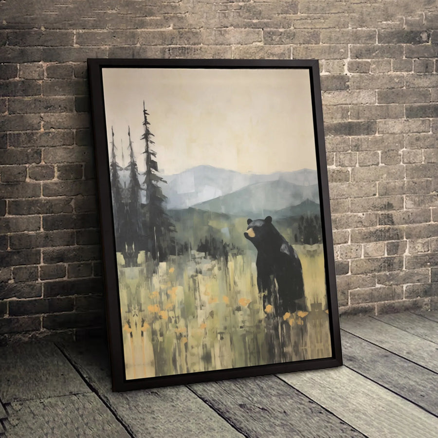 Black Bear Wall Art | Painterly Mountain Meadow Pine Forest Print | Premium 1.25-Inch Gallery Wrapped Canvas | Wildlife Nature Lover Gift