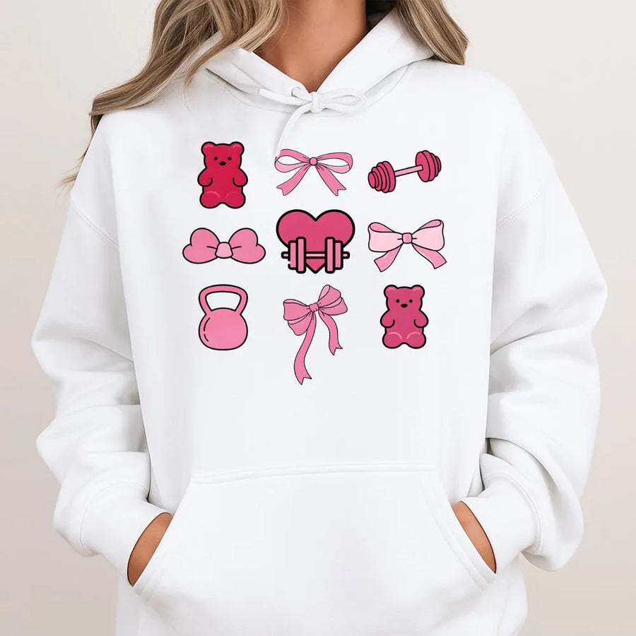 Pink Bow Gym Hoodie | Coquette Aesthetic Weightlifting Graphic | Premium Cotton Blend | Aesthetic Fitness Gift for Her