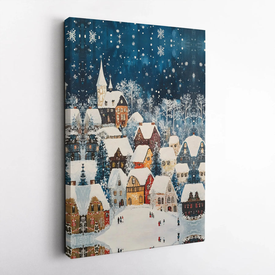 Christmas Village Canvas Wall Art | Snowy Winter Night Town Scene | Premium Gallery Wrap Decor | Festive Holiday Home Gift