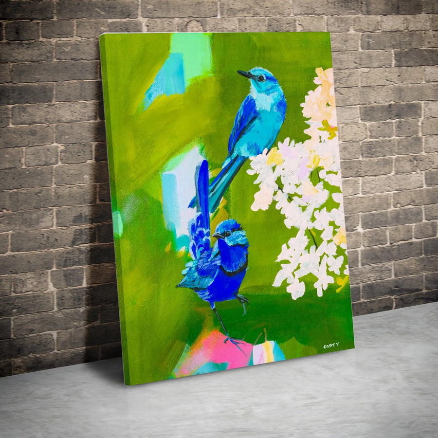 Blue Bird Vertical Canvas | Vibrant Abstract Songbird Painting | Premium High-Resolution Print | Collector's Wall Art for Nature Lover
