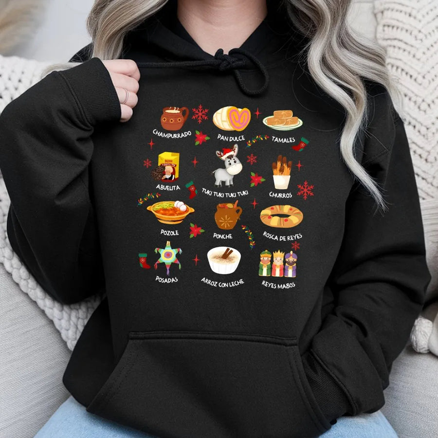 Mexican Christmas Hoodie | Festive Food Graphic | Premium Cotton Blend | Gift For Latina Holidays And Hispanic Culture Lovers
