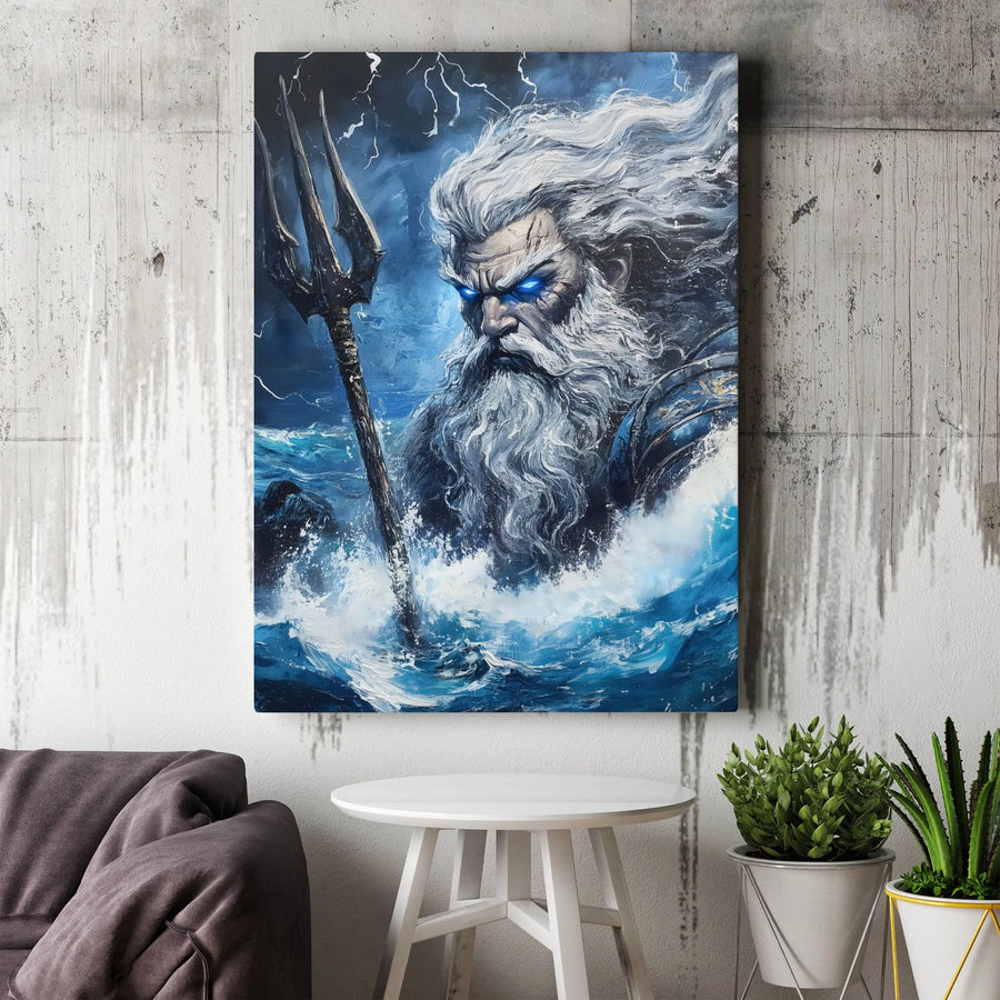 Poseidon Wall Art Canvas | Greek God of the Sea with Trident | Premium Gallery Wrap Print | Mythological Home Decor Gift for Him