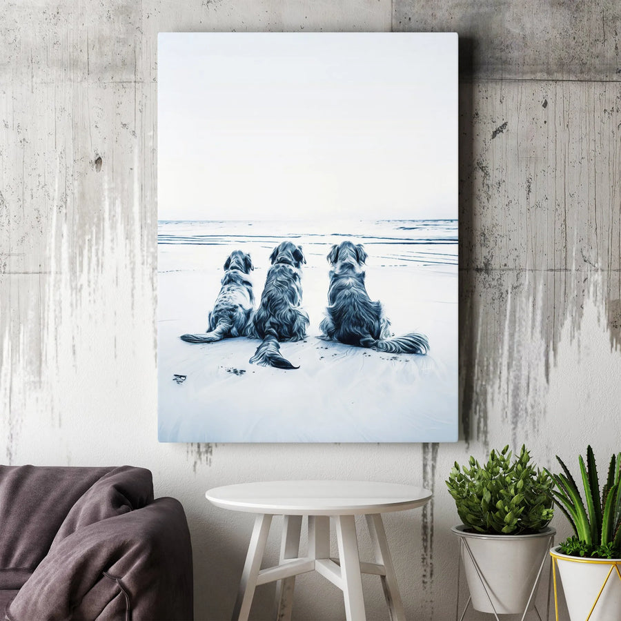 Three Dogs At The Beach Canvas Wall Art | Coastal Ocean Landscape Print | Premium Fade-Resistant Gallery Wrap | Dog Lover Home Decor Gift