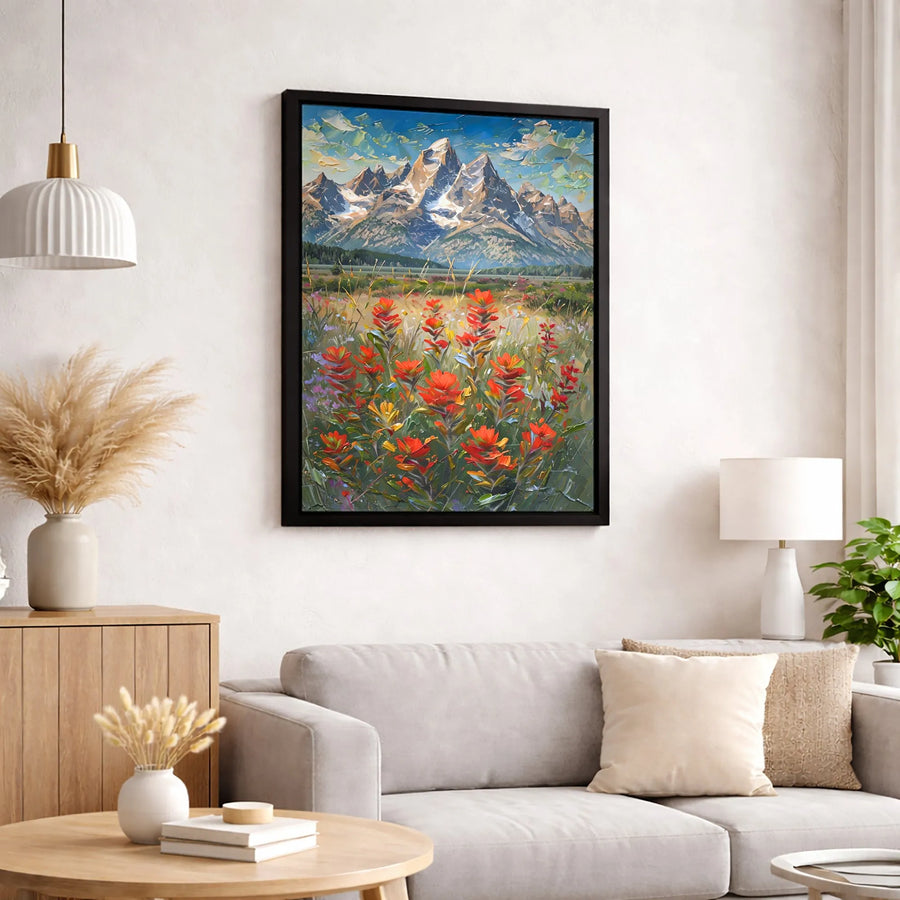 Mountain Landscape Canvas Print | Impasto Oil Painting Style with Red Wildflowers | Premium Gallery-Wrapped 1.25" Profile | Nature Wall Art for Living Room Decor