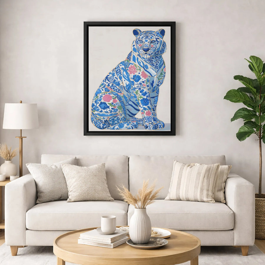 Blue and White Tiger Canvas Wall Art | Chinoiserie Floral Pattern with Gold Kintsugi Detail | Premium Gallery-Wrapped Print | Elegant Home Decor Gift