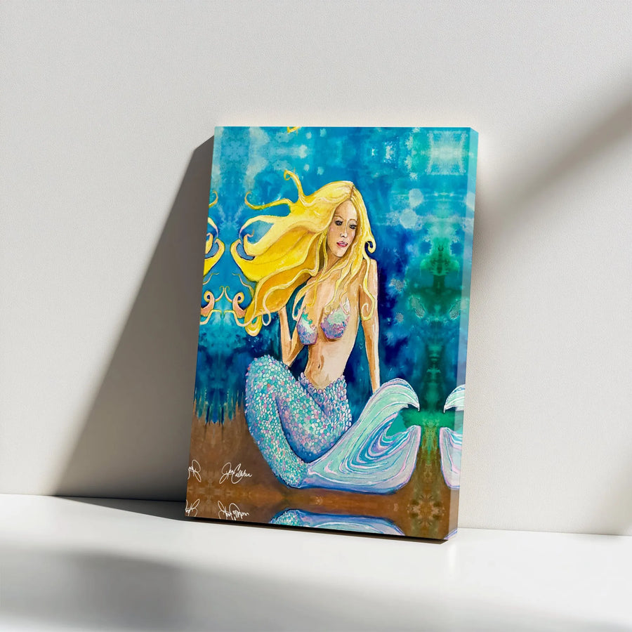 Blonde Mermaid Wall Art Canvas | Enchanting Underwater Watercolor Print | Gallery-Wrapped Premium Decor | Whimsical Ocean Theme Gift