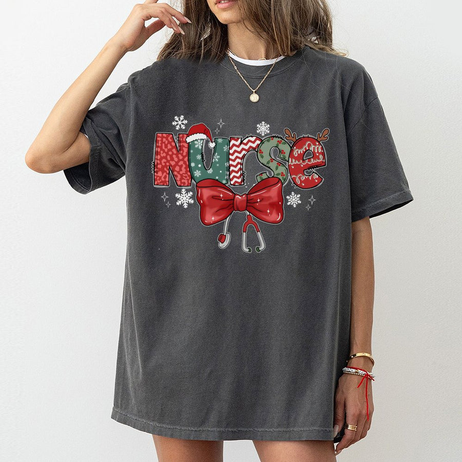 Christmas Nurse T-Shirt | Festive Stethoscope & Bow Design | 100% Cotton Premium Tee | Holiday Gift for RN LPN Nursing Students