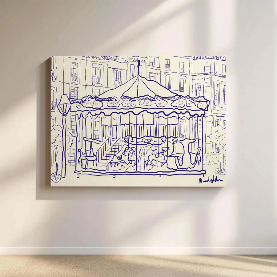 Carousel Line Art Canvas Wall Art | Minimalist Blue and Cream Sketch | Premium 1.25" Thick Gallery Wrap | Modern Home Decor Gift