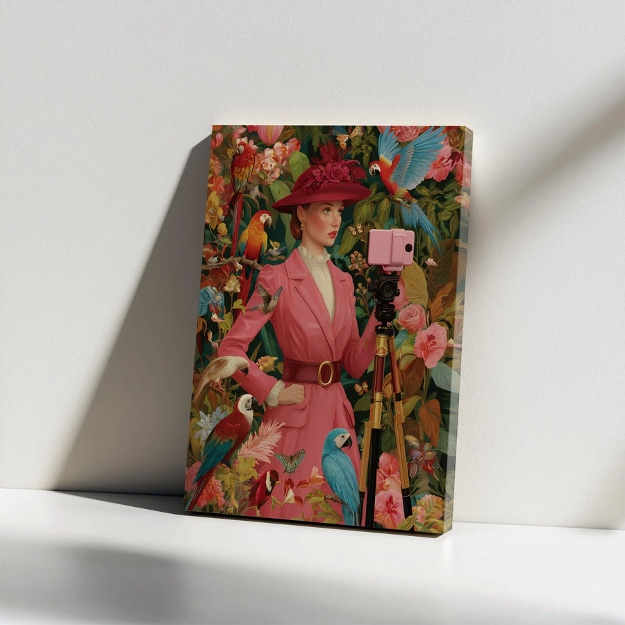 Influencer Woman Portrait Canvas Art | Vintage Aesthetic Parrot Tropical Design | Premium 1.25" Gallery Wrap | Modern Home Office Decor Gift