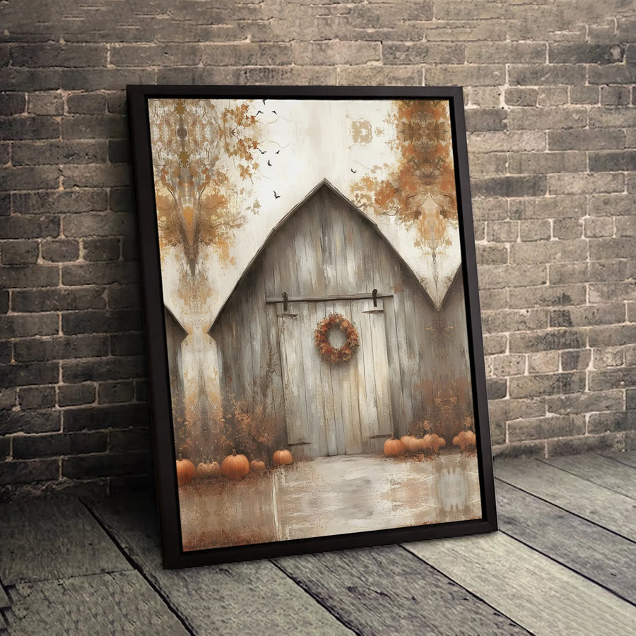 Rustic Autumn Barn Canvas Art | Farmhouse Fall Wreath & Pumpkin Decor | Premium Gallery Wrap Print | Seasonal Living Room Wall Hanging Gift