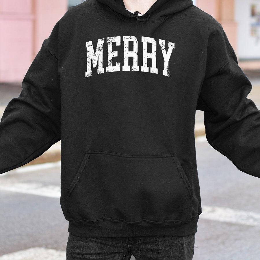 Merry Christmas Hoodie | Distressed Varsity Text Graphic | Soft Cotton-Blend Premium Apparel | Festive Holiday Gift For Men And Women